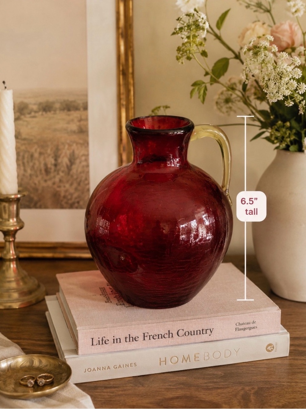 Vintage Deep Red Glass Pitcher Vase with Clear Handle, 6.5” tall
